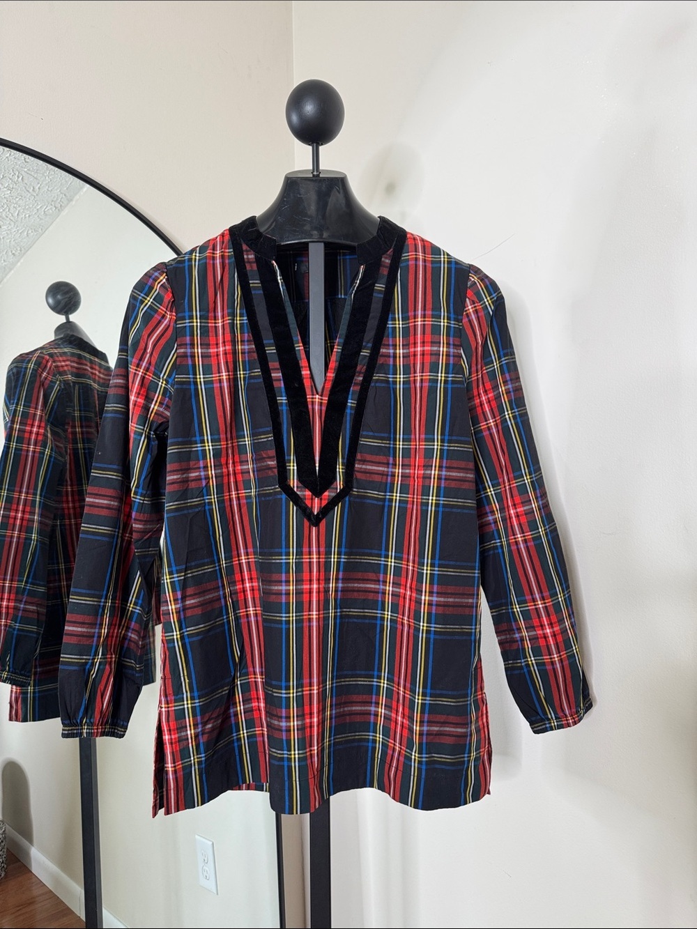 J.Crew Velvet-trimmed V-neck tunic in black Stewart Tartan S